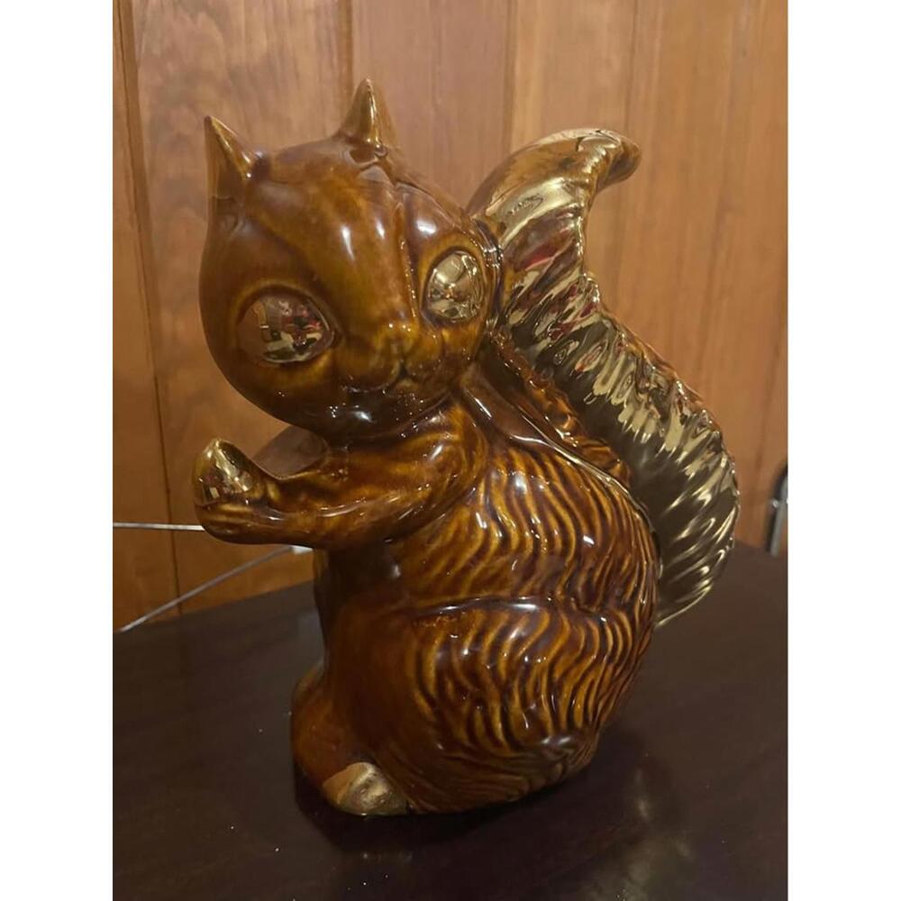 Vintage Adorable Giant Squirrel MCM Planter Brown Tailed Squirrel Gold kitsch